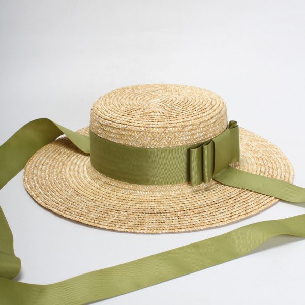 Women's Straw Hat Flat Top Fashion Green Bow Tie - Image 3