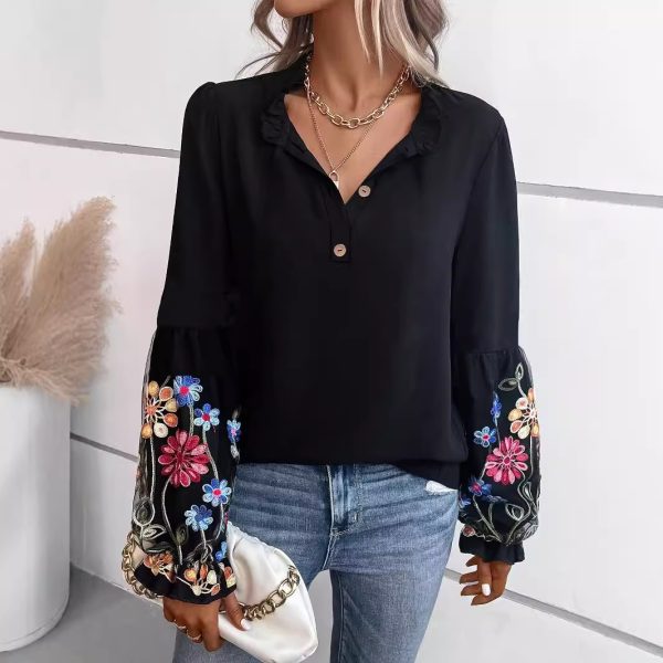 European And American Women's Long-sleeved Blouse Summer New Vacation Casual V-neck Top - Image 3