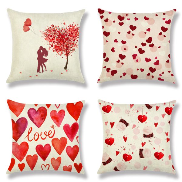 Valentine's Day Red Peach Heart Couple Linen Cushion