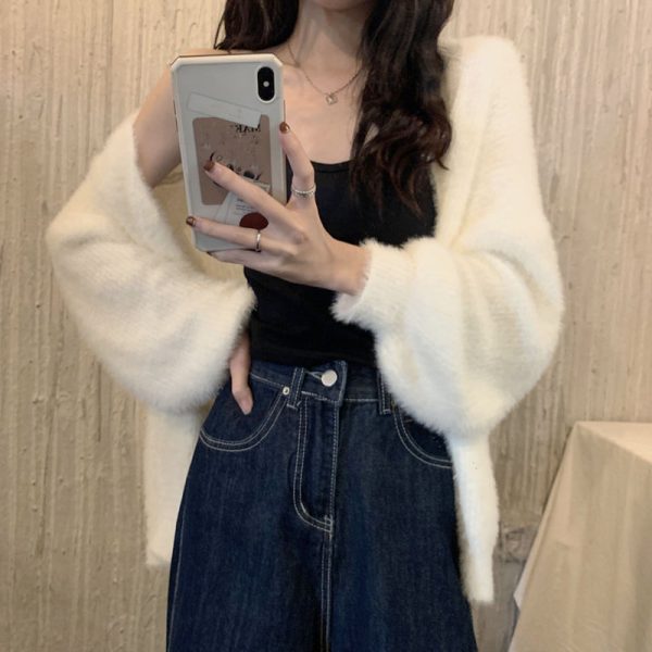 Spring And Autumn Mink-like Wool White Knitted Fabric Cardigan For Women - Image 6