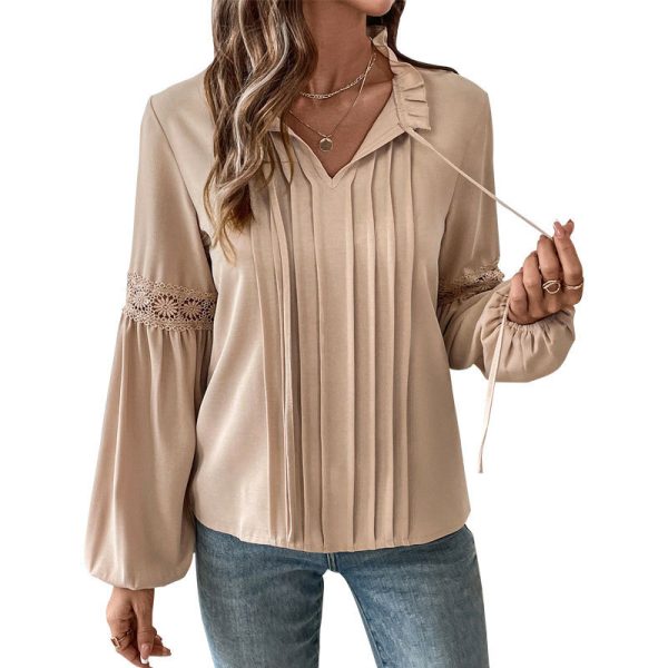 Top Drawstring V-neck Pleated Shirt - Image 5