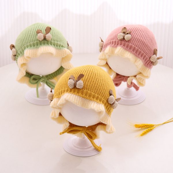 Autumn And Winter Knitted Hat Cute Princess Flower Beanie Baby Girl Warm Lace Up Wool Earmuffs Hat