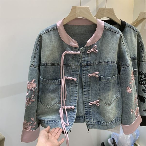 Vintage Buckle Fake Two-piece Denim Coat - Image 7