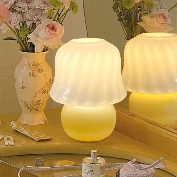 French Cream Handmade Glass Bedroom Bedside Decoration Mushroom Lamp - Image 5