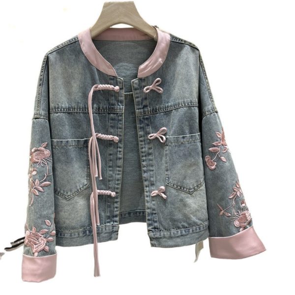 Vintage Buckle Fake Two-piece Denim Coat - Image 6