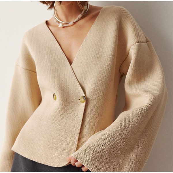 Solid Color Long Sleeve Knitted Cardigan Sweater Top - Image 2