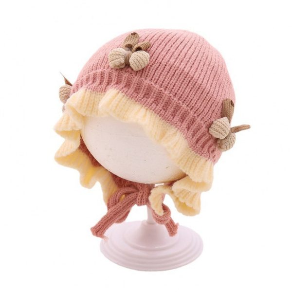 Autumn And Winter Knitted Hat Cute Princess Flower Beanie Baby Girl Warm Lace Up Wool Earmuffs Hat - Image 5