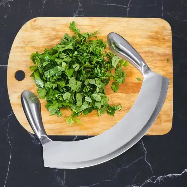 8.5 Inch Stainless Steel Mezzaluna Knife Pizza Cutter Fruit Vegetable Salad Chopper Dicer With Curved Blade Kitchen Herb Mincer - Image 4