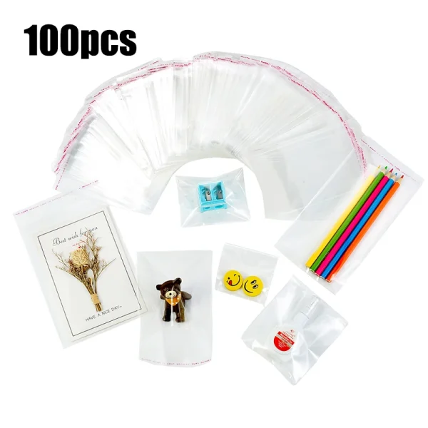 100pcs Clear Cello Self Adhesive Self Sealing Gift Cookie Candy Bags Thick Packing Resealable Jewelry Packaging Cellophane Bag