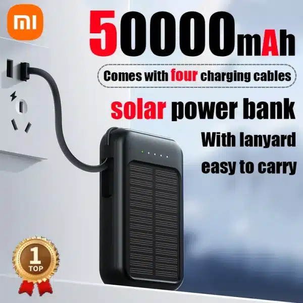 Xiaomi 50000mAh Solar Power Bank Built Cables Solar Charger 2 USB Ports External Charger Powerbank with LED Light