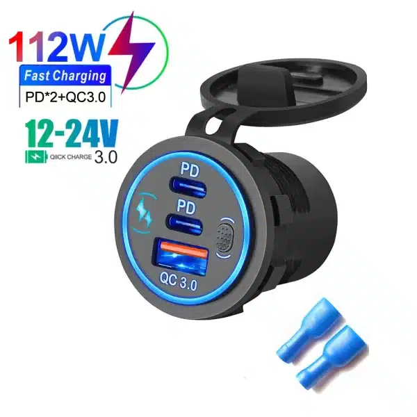 3 Ports Quick Charge Dual PD & QC 3.0 112W Aperture Car Charger Outlet Socket For 12V 24V Motorcycle Boat Marine Truck ATV