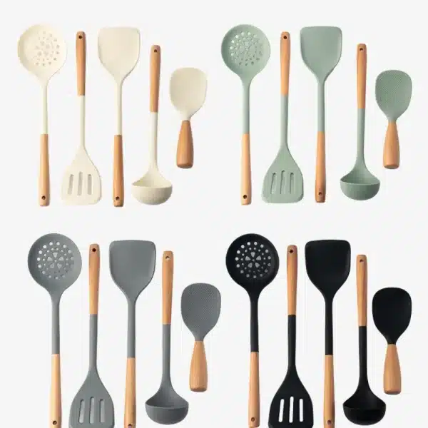 Wooden Long-handle Kitchen Cooking Tool Silicone Cooking Utensils Set Spatula Shovel Soup Spoon Non-stick Kitchen Gadgets - Image 2