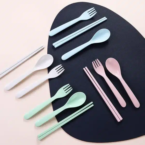 New Wheat Straw Tableware Children's Cutlery Spoon Chopsticks Fork Portable Dining Tableware Set Kitchen Outdoor Cutlery Set - Image 2