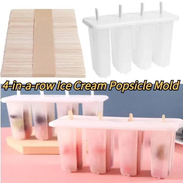 4-in-a-row Ice Cream Popsicle Mold With Cover For Household DIY Homemade Popsicle Ice Cream Mold For Children Kitchen Gadget