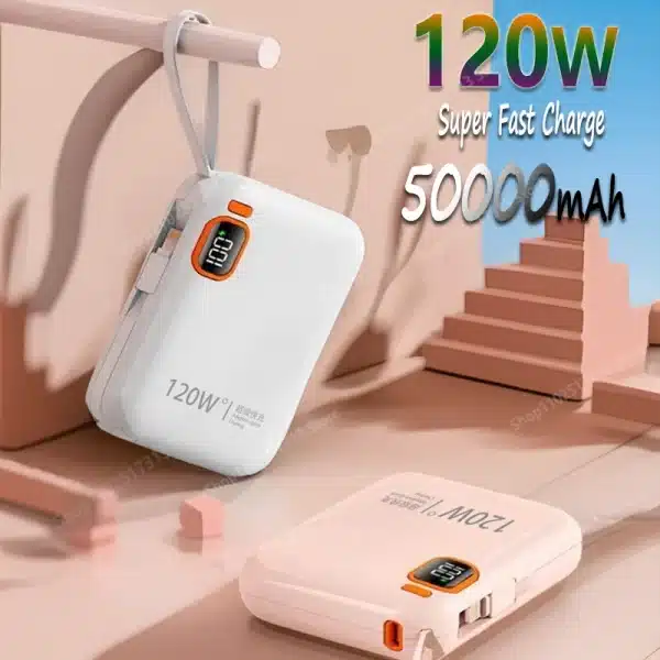 New 50000mAh 120W Portable Power Bank High Capacity Cable Two-Way Fast Charging Mini Powerbank For iPhone Samsung ﻿2024