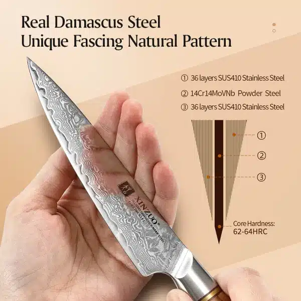 XINZUO 5" inch Utility Knife Kitchen Knives Japanese 73-layer Powder Steel Core Damascus Steel 62-64 HRC Vegetable Peeling Knife - Image 3