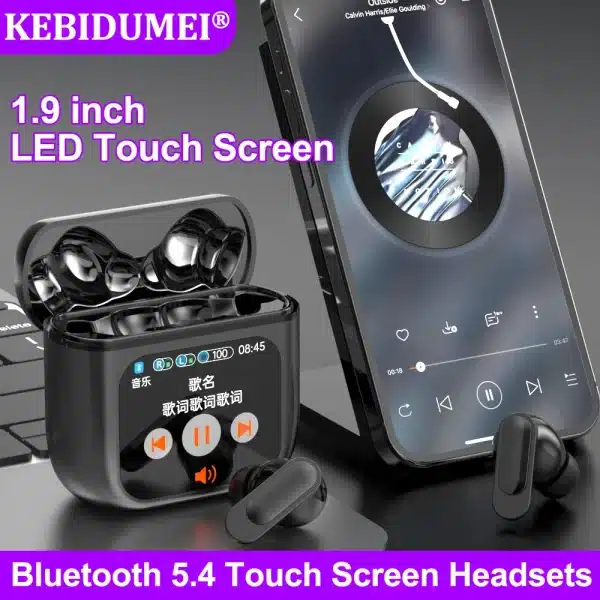 1.9inch LED Touch Screen Headsets Bluetooth 5.4 Headphones TWS Wireless Earphones HiFi Stereo Waterproof Noise Reduction Earbuds