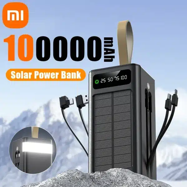 Xiaomi 100000mAh Thicken Solar Power Bank Big capacity Built-in Cables External Battery LED Light Power Bank for iPhone Huawei