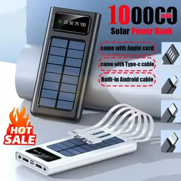 Solar Power Bank 100000mAh Large Capacity Mobile Power Fast Charging Battery With Dual USB 4 Cables For iPhone Samsung 2025