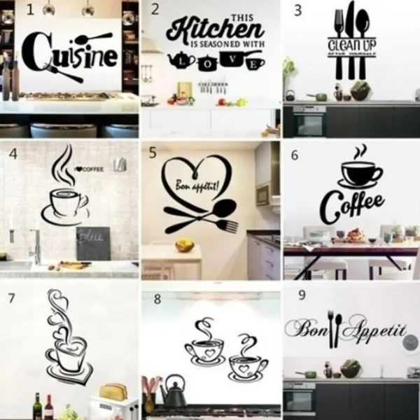 Coffee Wall Stickers for Kitchen Decorative Stickers Kitchen Fork Spoon Knife Cup Wall Sticker Home Decor Dining Room Bar Decal