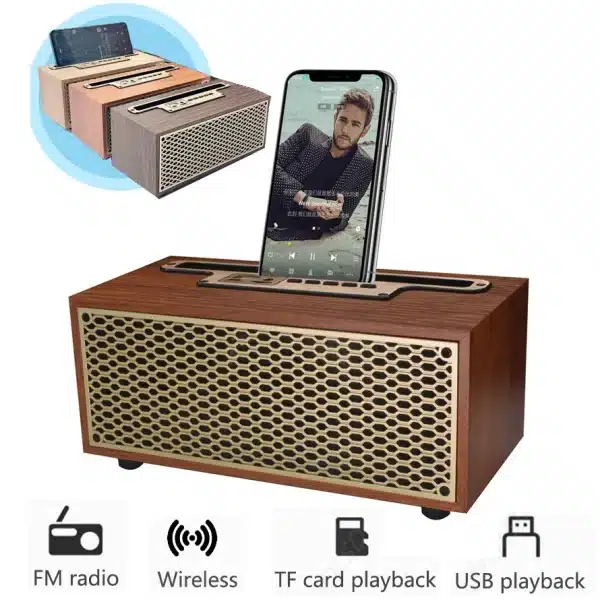 FM/AM Vintage Wood Grain Bluetooth Speaker TWS Wireless Subwoofer Portable Radio Gift Stereo Mobile Phone Stand Speaker