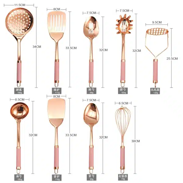 Stainless Steel Kitchen Cooking Utensils 9 Piece Copper Plating Cooking Utensil Set Kitchen Gadgets Kitchen Tool Set Pink - Image 6