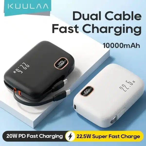 KUULAA 10000mAh powerbank 22.5W Portable Charger Dual Cable Fast Charging portable battery power bank For iPhone 16 15 14 Xiaomi