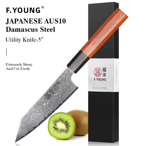 F.YOUNG 5" Japanese Utility Knife Damascus Professional Chef Knife Kitchen Paring Fruit Vegetable Meat Handmade Cooking Tools