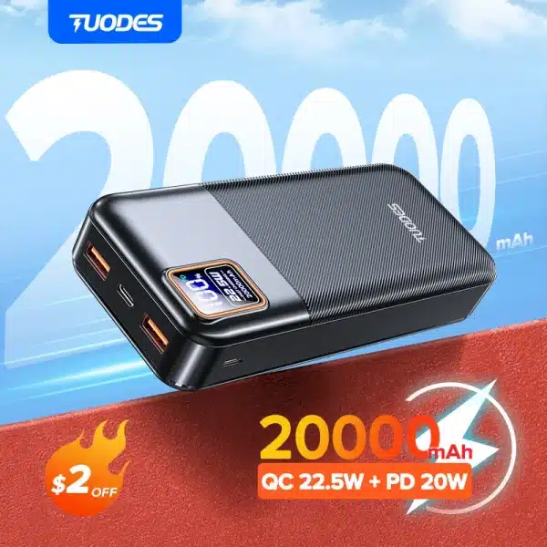 Tuodes Power Bank 20000mAh PD20W External Large Battery Capacity 22.5W Fast Charging Portable Charger For iPhone Samsung Xiaomi