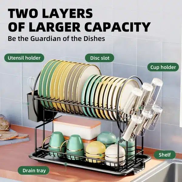 2 tier dish drying rack drain board set tableware drainer Kitchen countertop storage rack cup holder Knife and fork holder - Image 6