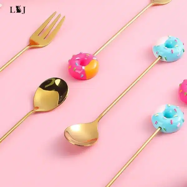 Stainless Steel Spoon Fork Cute Version Rainbow Lollipop Donut Macaron Dessert Spoons Fruit Forks Kids Set Kitchen Accessories - Image 5