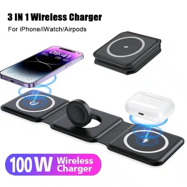 100W 3 IN 1 Foldable Wireless Charger for iPhone 15 14 13 Apple Watch AirPods Fast Charging Dock Station Foldable Stand Charge