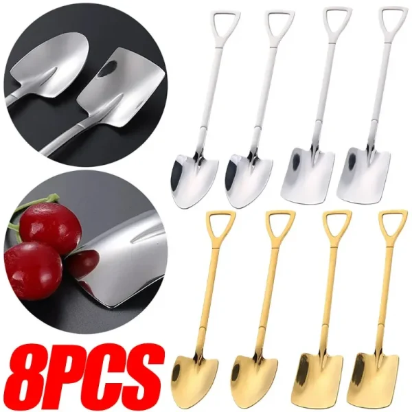 1/8pcs Shovel Spoons Creative Coffee Spoon Stainless Steel Ice Cream Dessert Watermelon Scoop Kitchen Tableware Gold Cutlery Set