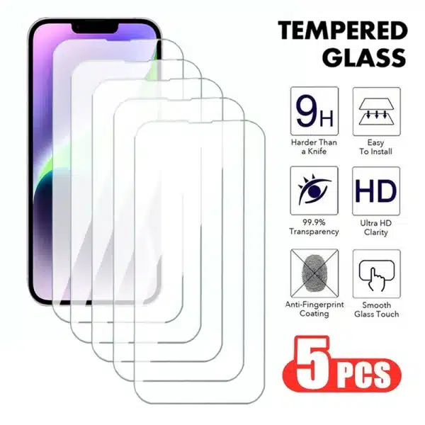 5Pcs 9H Hardness Tempered Glass On For Apple iPhone 13 14 15 Pro Max Screen Protector For iPhone 13 mini Transparent Glass Film