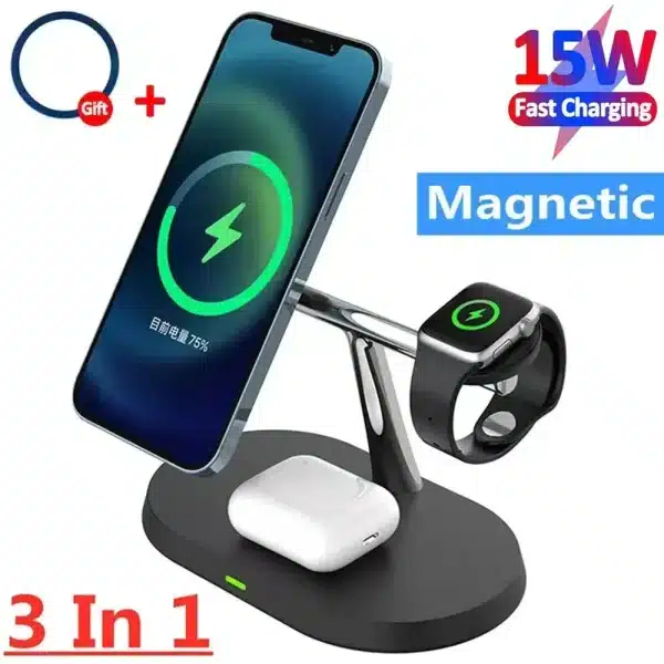 Magnetic Wireless Charger Stand for iPhone 15 14 13 12 Pro Max Apple Watch 9 8 7 Airpods Pro 3 In 1 Fast Phone Charging Sation