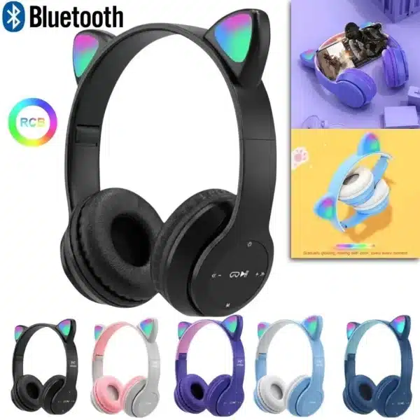 P47M Wireless Bluetooth Headset Gamer Cat LED Light Waterproof Noise Cancelling Earbuds Wireless Headphones Bluetooth Earphones