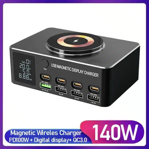 140W Multi 8 Port USB Charger With 15W Magnetic Wireless Charging PD 100WQC 3.0 LCD Display Station For Notebook Laptop Phone