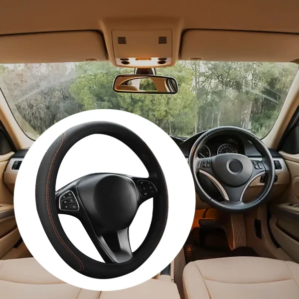 15" Car Steering Wheel Cover Universal-Breathable Leather Anti-Slip Auto Steering Wheel Cover Interior Replacement Parts