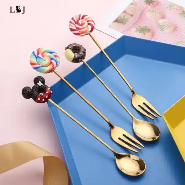 Stainless Steel Spoon Fork Cute Version Rainbow Lollipop Donut Macaron Dessert Spoons Fruit Forks Kids Set Kitchen Accessories - Image 2