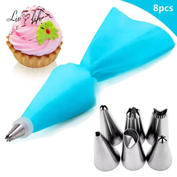 8 PCS/Set Silicone Kitchen Accessories Icing Piping Cream Pastry Bag + 6 Stainless Steel Nozzle Set DIY Cake Decorating Tips Set