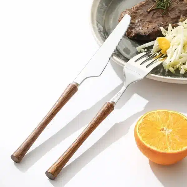 Stainless Steel Tableware Set Wooden Handle Knife Fork Spoon Teaspoon Cutlery Steak Knife Dessert Scoop Kitchen Gadgets Gift - Image 4