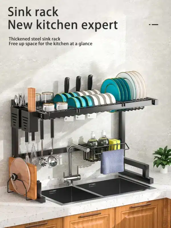 Kitchen Sink Rack Stainless Steel Drain Shelf Countertop Multi-Functional Storage Bowl Dish Knife Fork Organizing Rack - Image 6