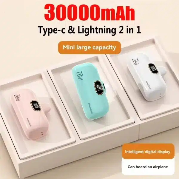 Mini Power Bank 30000mAh Built Cable Portable Mobile Charger Fast Charging External Battery Capsule Power bank For Type-C iPhone