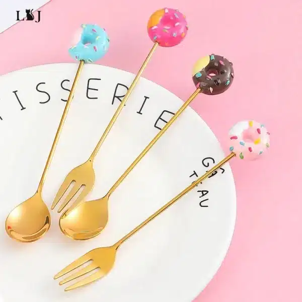 Stainless Steel Spoon Fork Cute Version Rainbow Lollipop Donut Macaron Dessert Spoons Fruit Forks Kids Set Kitchen Accessories - Image 3