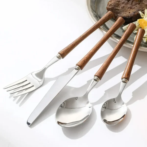 Stainless Steel Tableware Set Wooden Handle Knife Fork Spoon Teaspoon Cutlery Steak Knife Dessert Scoop Kitchen Gadgets Gift