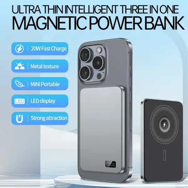 3 in 1 Power Bank For MagSafe,Thin Magnetic Wireless Powerbank 20W Portable External Battery For Apple Watch iPhone 16 15 14 13