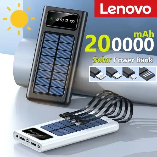 Lenovo 200000mAh Solar Power Bank Built Cables Solar Charger 2 USB Ports External with LED Light Super Fast Charger Power Bank