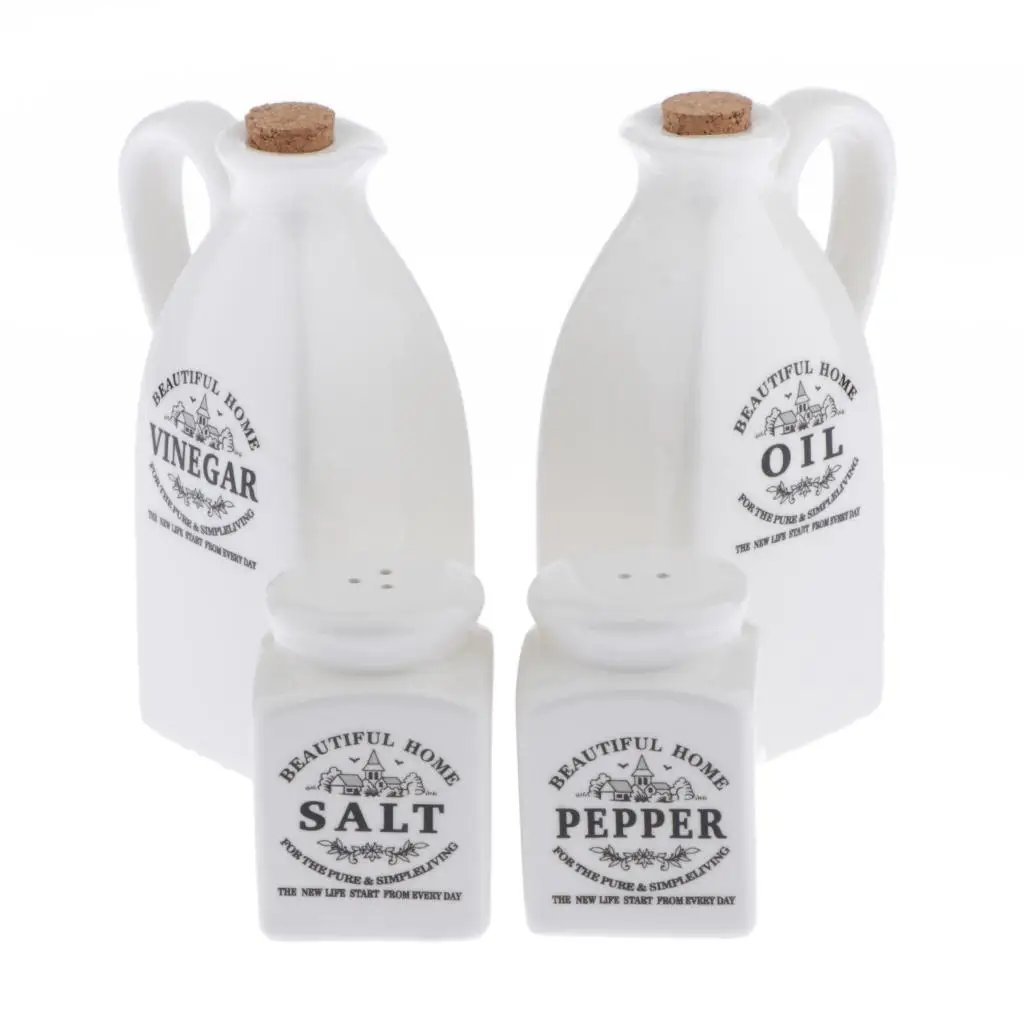 4Pcs White Ceramic Cruet Set for Oil Vinegar Salt Pepper Kitchen Tool Gadget