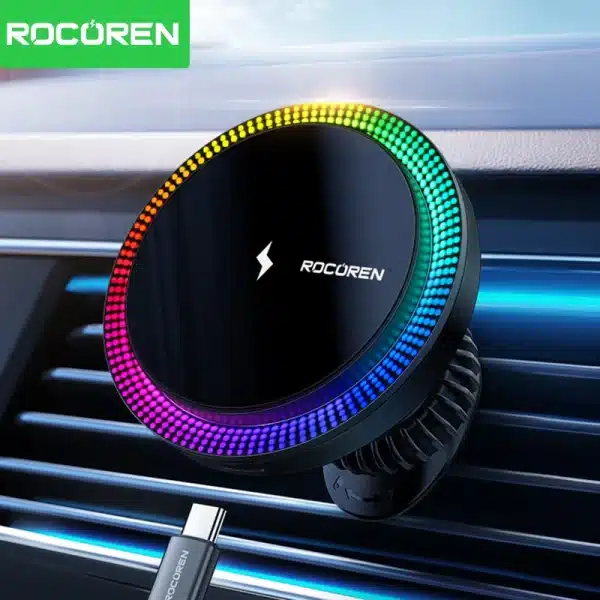 Rocoren Magnetic Car Phone Holder Fast Charging Wireless Charger With RGB light Magnet Car Stander For iPhone 15 14 13 Pro Max