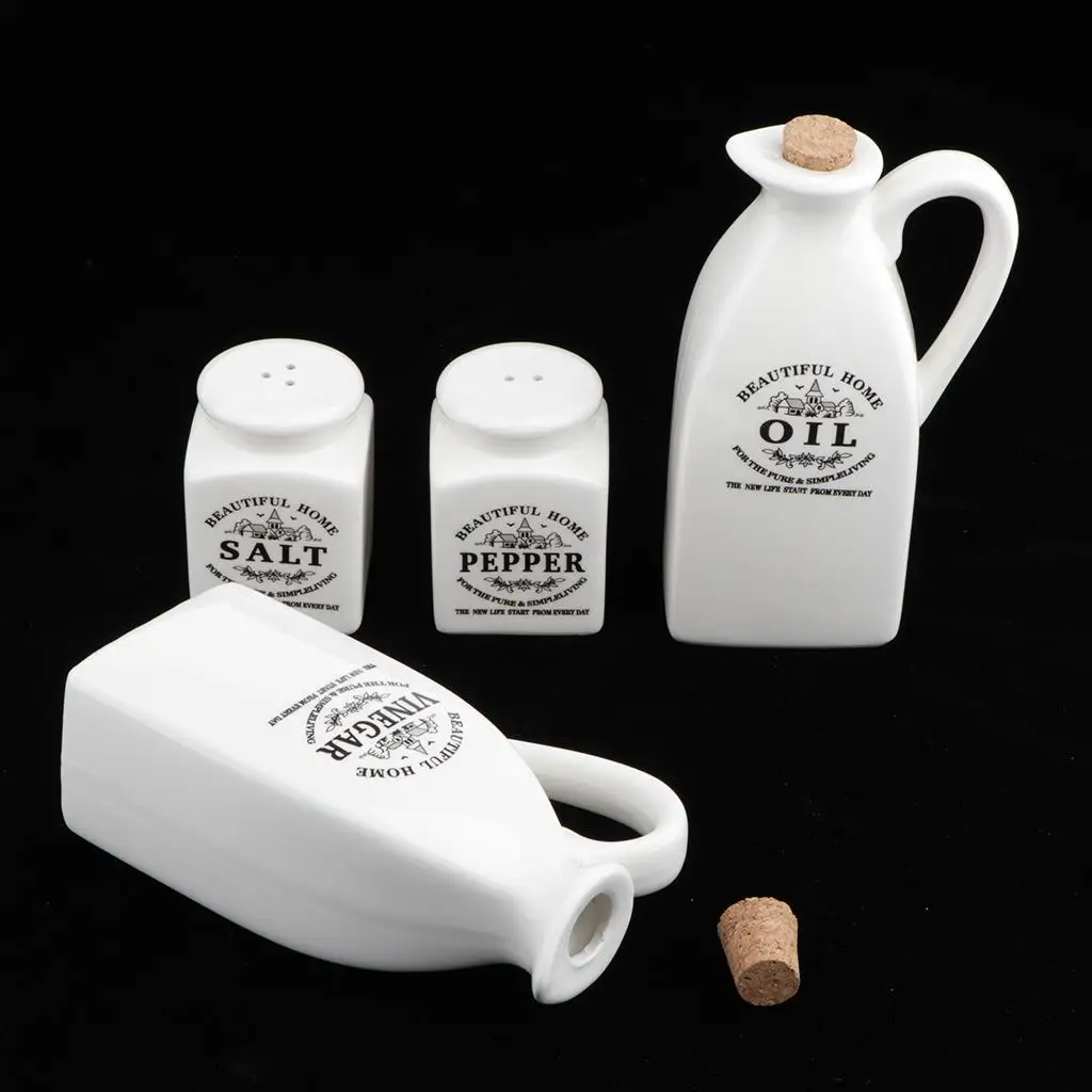 4Pcs White Ceramic Cruet Set for Oil Vinegar Salt Pepper Kitchen Tool Gadget